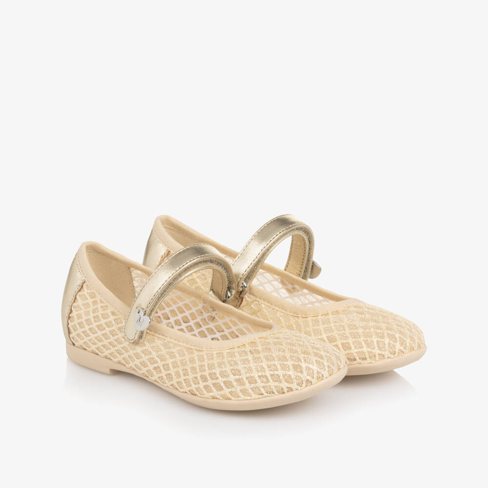 Monnalisa-Girls Gold Mesh & Leather Ballerina Pumps | Childrensalon Outlet