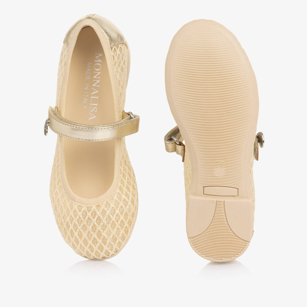 Monnalisa-Girls Gold Mesh & Leather Ballerina Pumps | Childrensalon Outlet