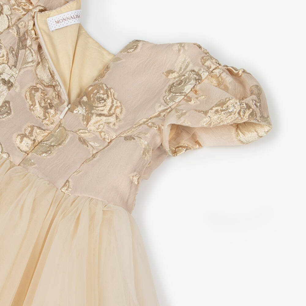 Monnalisa-Girls Gold Organza Rose Dress | Childrensalon Outlet