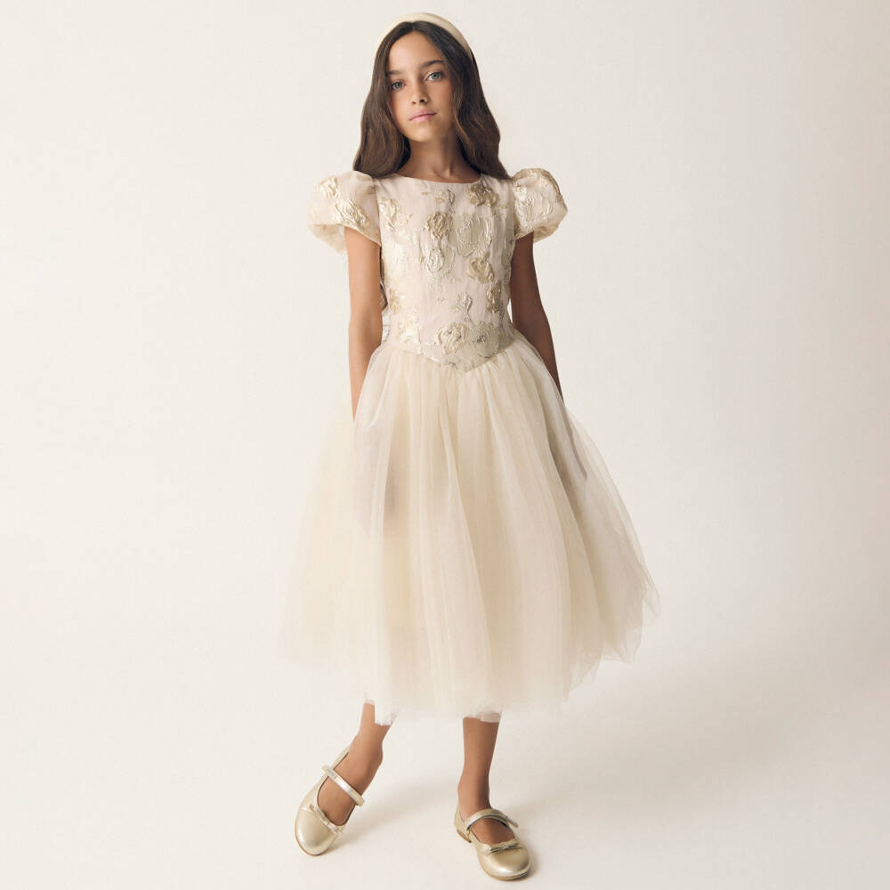 Monnalisa-Girls Gold Organza Rose Dress | Childrensalon Outlet