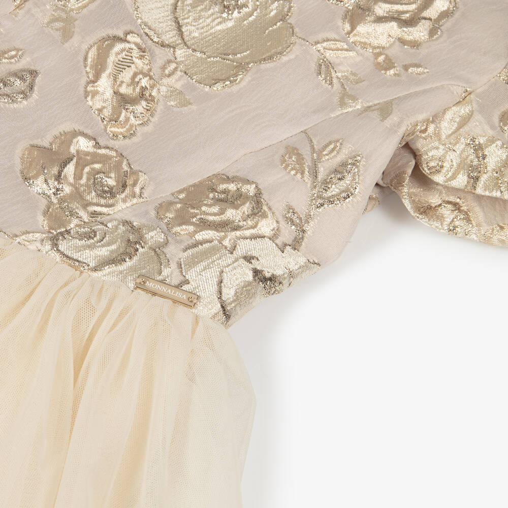 Monnalisa-Girls Gold Organza Rose Dress | Childrensalon Outlet