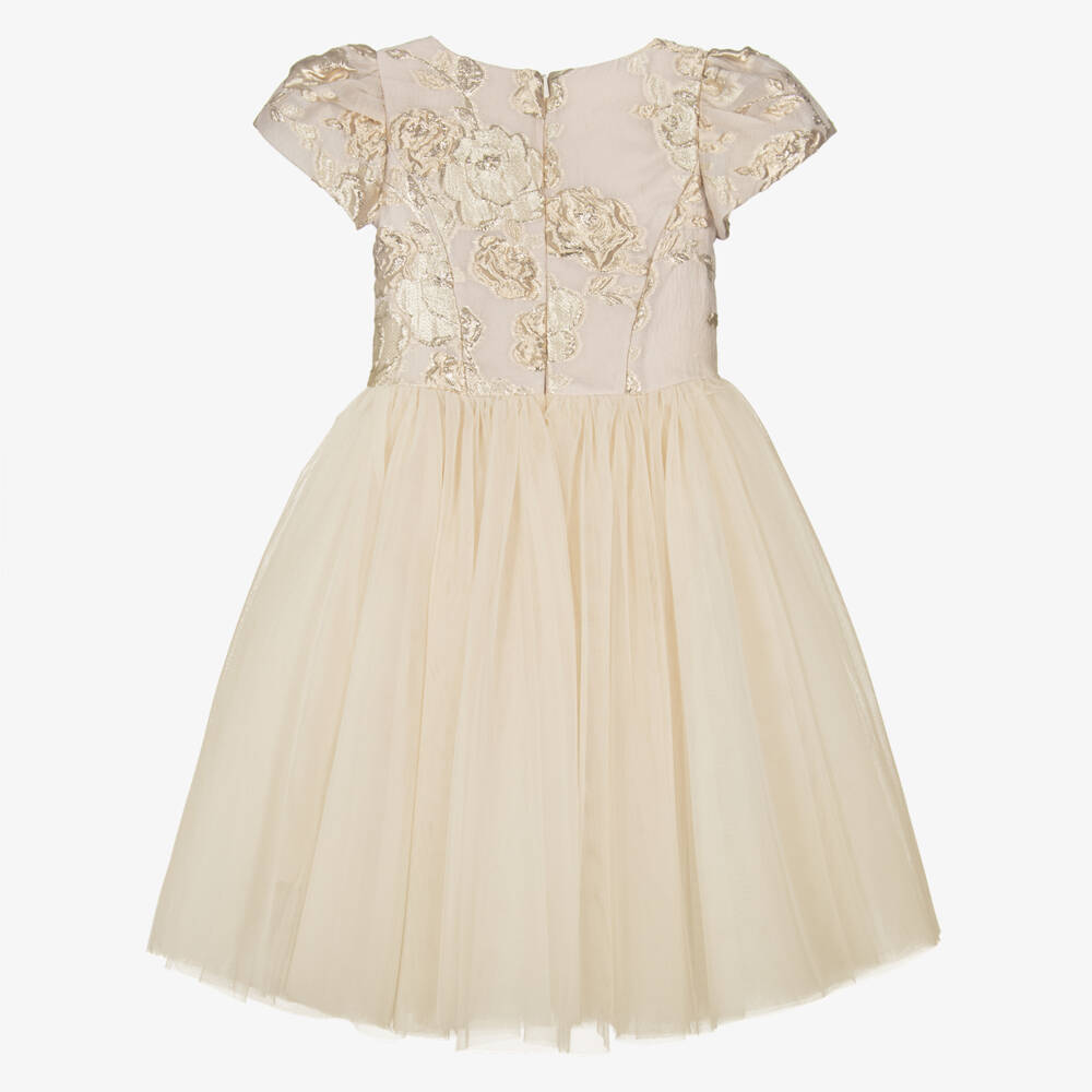Monnalisa-Girls Gold Organza Rose Dress | Childrensalon Outlet