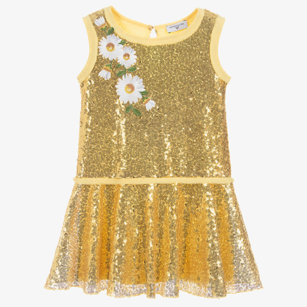 Monnalisa - Girls Gold Sequined Dress | Childrensalon