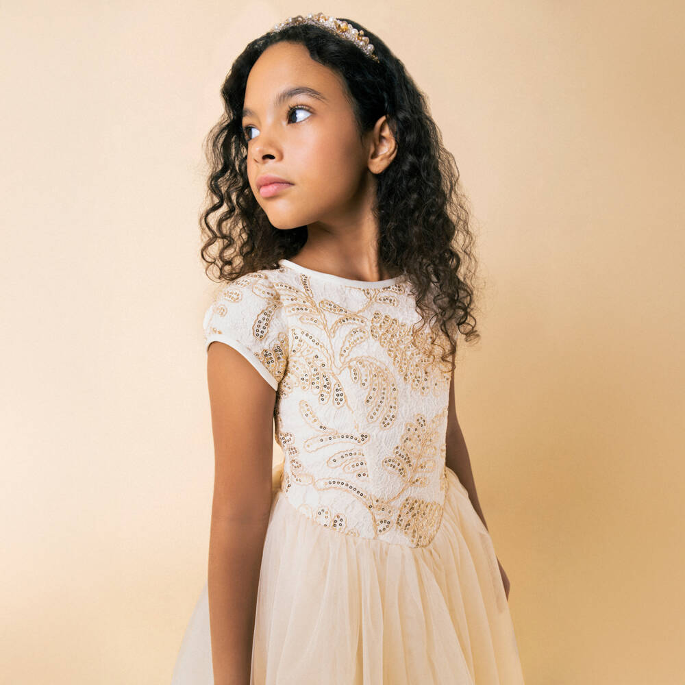 Monnalisa-Girls Gold Sequinned Lace & Tulle Dress | Childrensalon Outlet