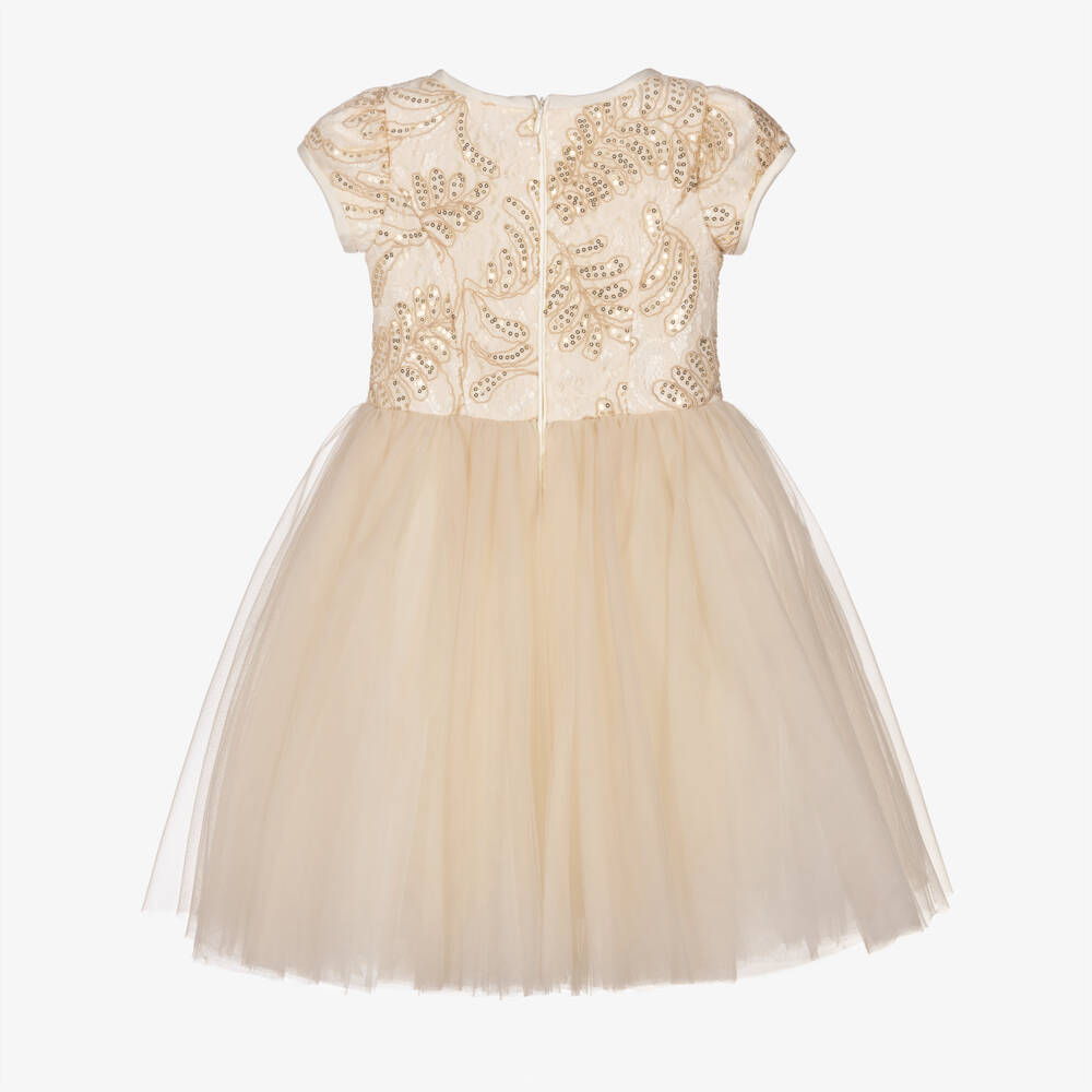 Monnalisa-Girls Gold Sequinned Lace & Tulle Dress | Childrensalon Outlet