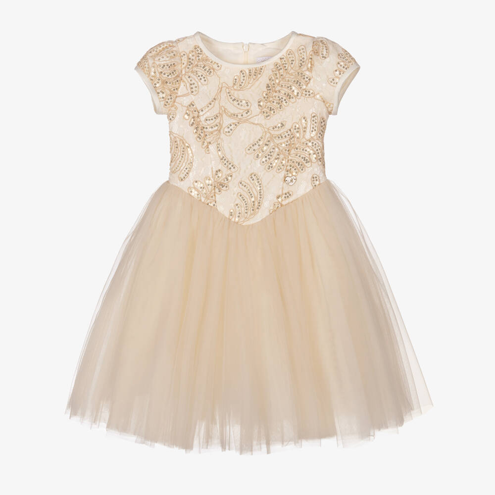 Monnalisa-Girls Gold Sequinned Lace & Tulle Dress | Childrensalon Outlet