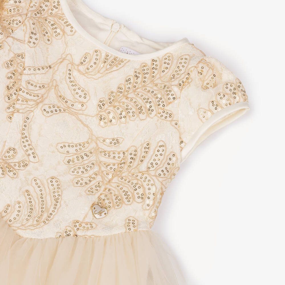 Monnalisa-Girls Gold Sequinned Lace & Tulle Dress | Childrensalon Outlet