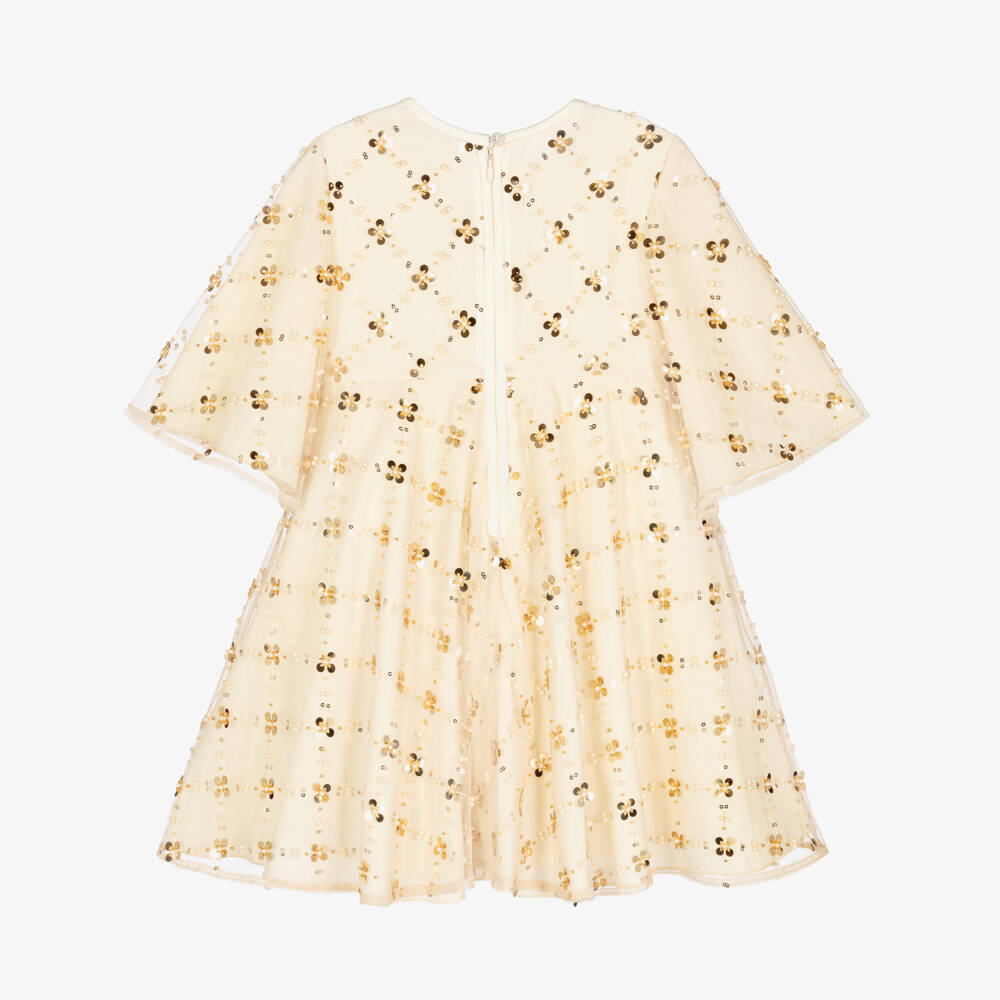 Monnalisa-Girls Gold Tulle & Sequin Dress | Childrensalon Outlet