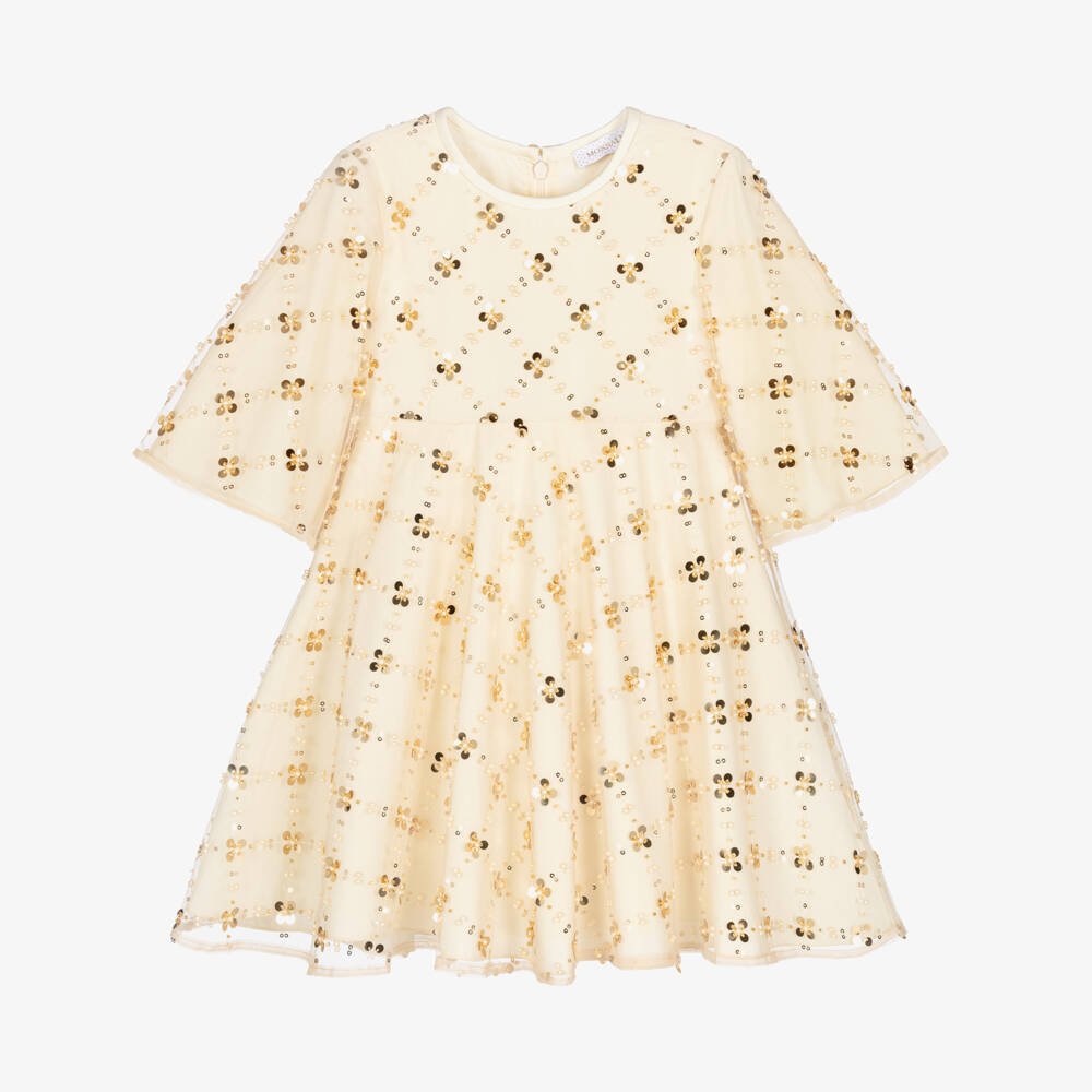 Monnalisa-Girls Gold Tulle & Sequin Dress | Childrensalon Outlet
