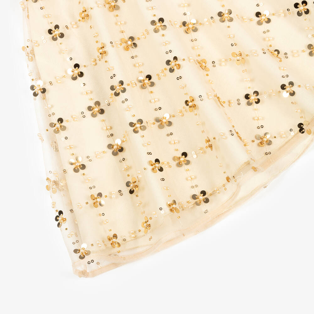 Monnalisa-Girls Gold Tulle & Sequin Dress | Childrensalon Outlet
