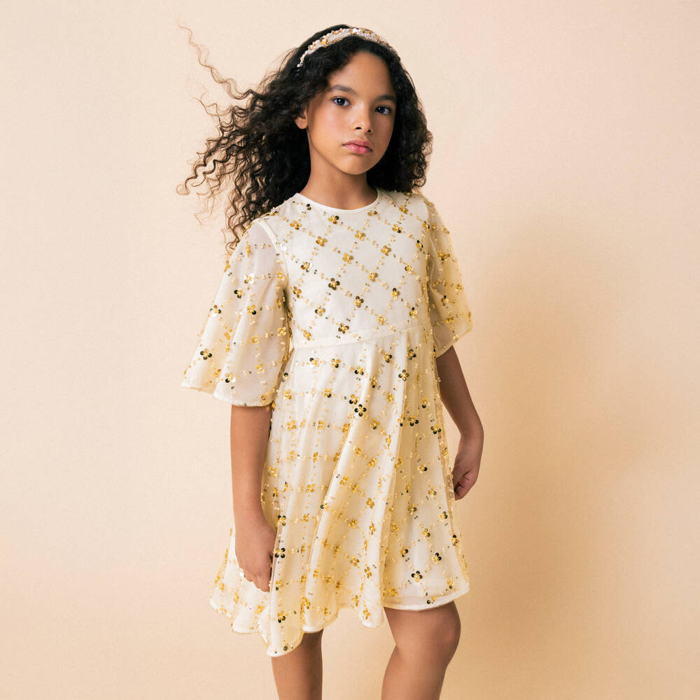 Monnalisa-Girls Gold Tulle & Sequin Dress | Childrensalon Outlet