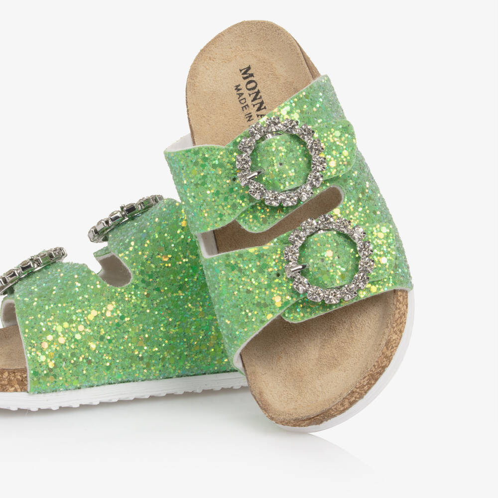 Monnalisa-Girls Green Glitter Sandals with Diamanté Buckles | Childrensalon Outlet