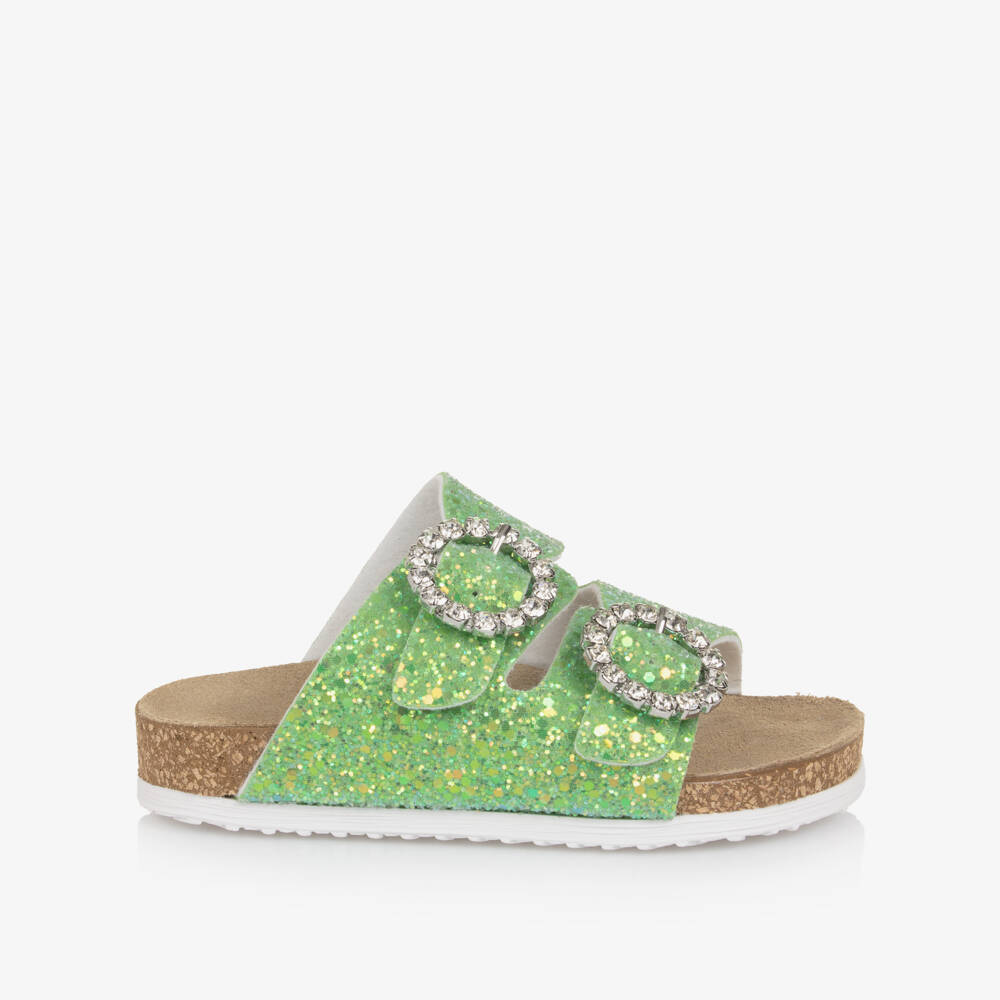 Monnalisa-Girls Green Glitter Sandals with Diamanté Buckles | Childrensalon Outlet