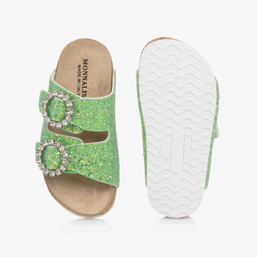 Monnalisa-Girls Green Glitter Sandals with Diamanté Buckles | Childrensalon Outlet
