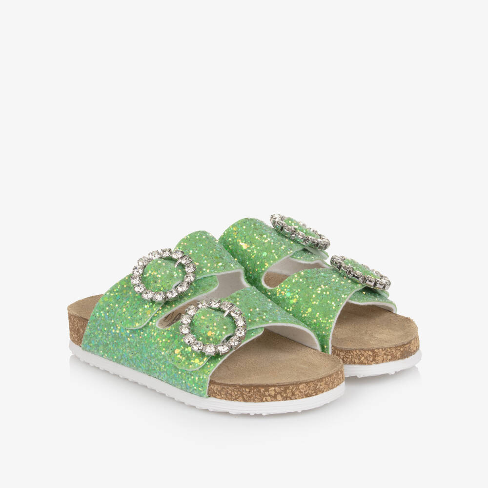 Monnalisa-Girls Green Glitter Sandals with Diamanté Buckles | Childrensalon Outlet