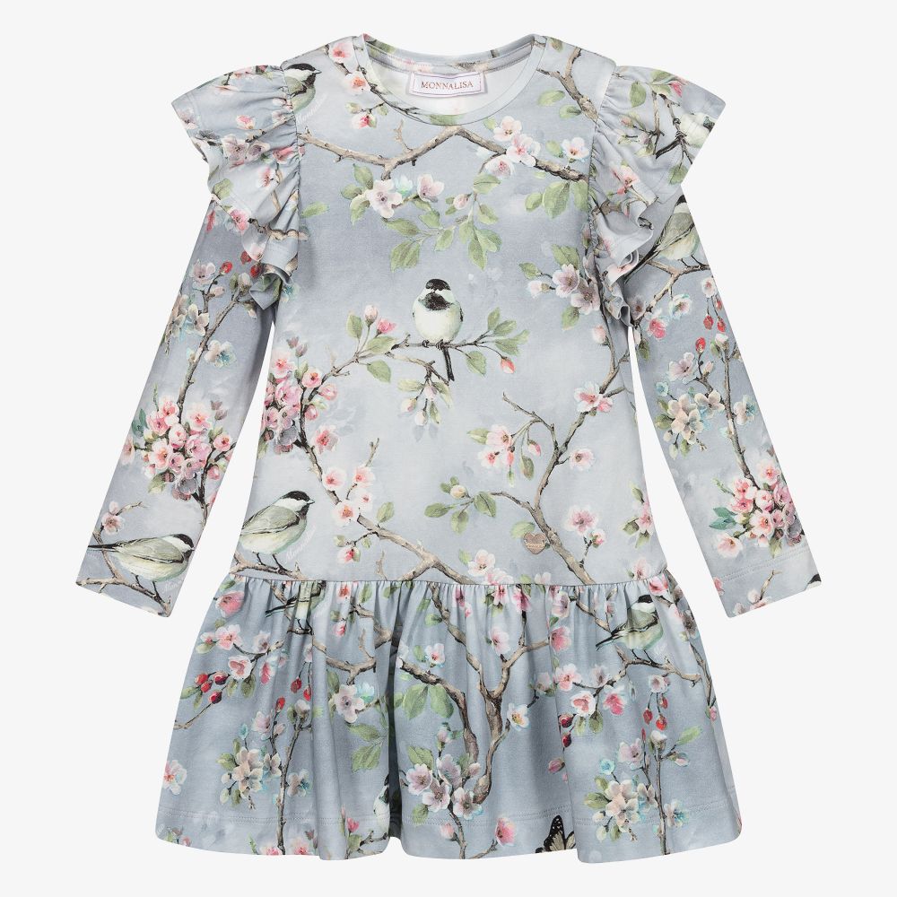 Monnalisa-Girls Grey Floral Dress | Childrensalon Outlet