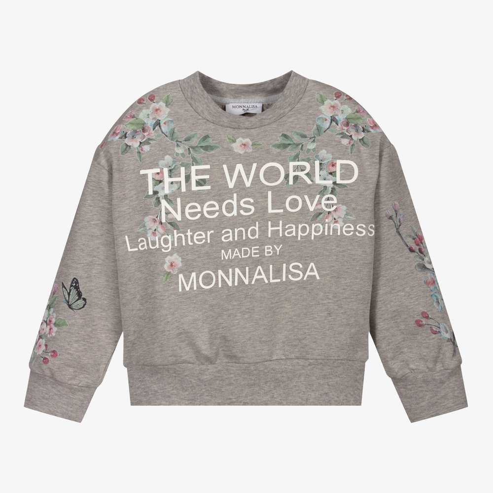 Monnalisa - Girls Grey Floral Sweatshirt | Childrensalon