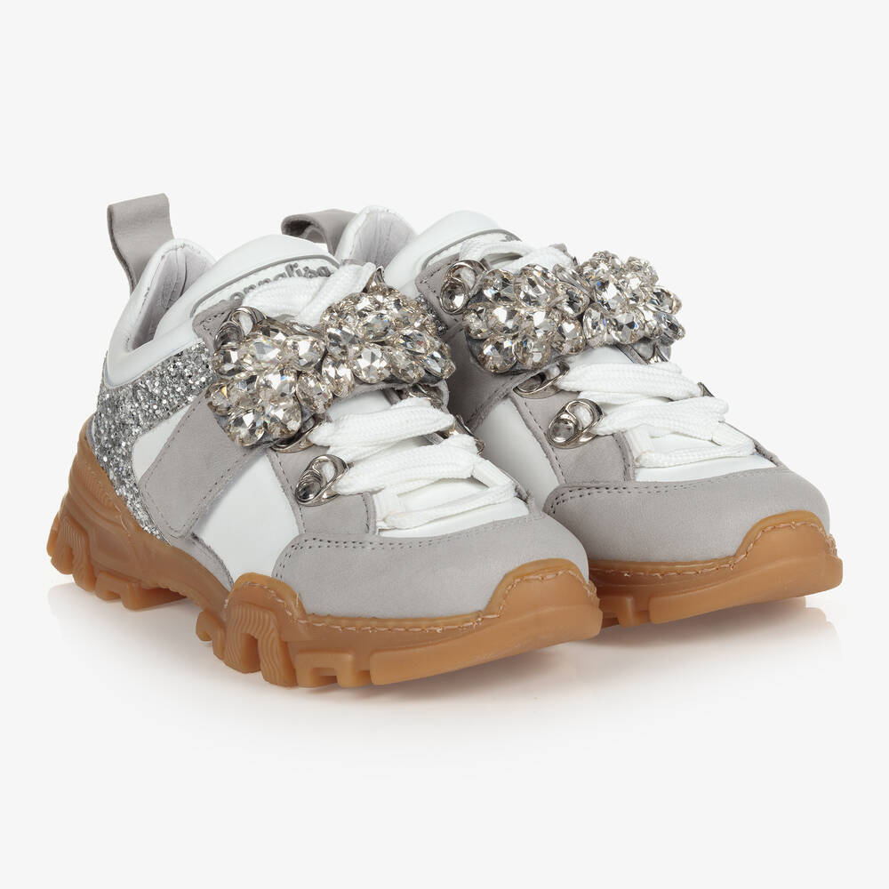 Monnalisa - Girls Grey Leather Trainers | Childrensalon