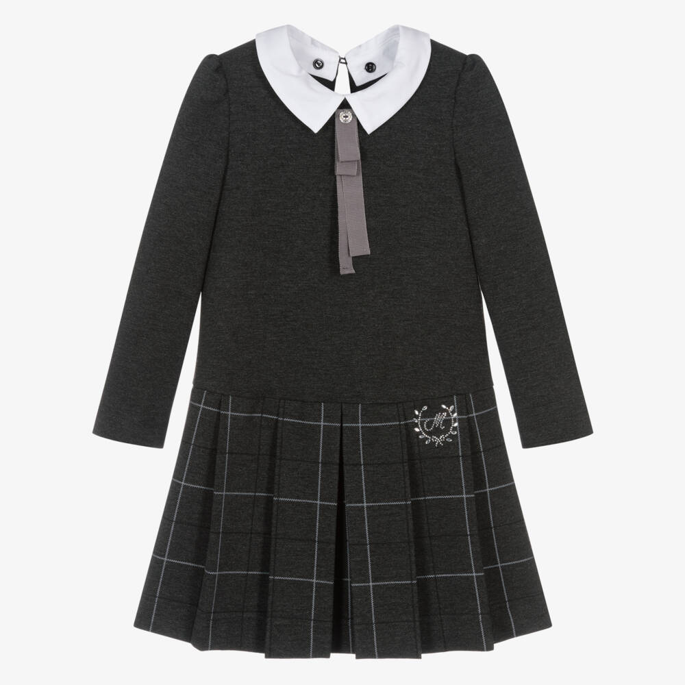 Monnalisa-Girls Grey Milano Jersey Dress with White Collar | Childrensalon Outlet