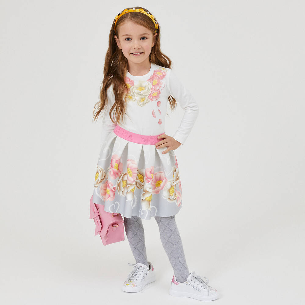 Monnalisa-Серая юбка из неопрена с розовыми цветами | Childrensalon Outlet