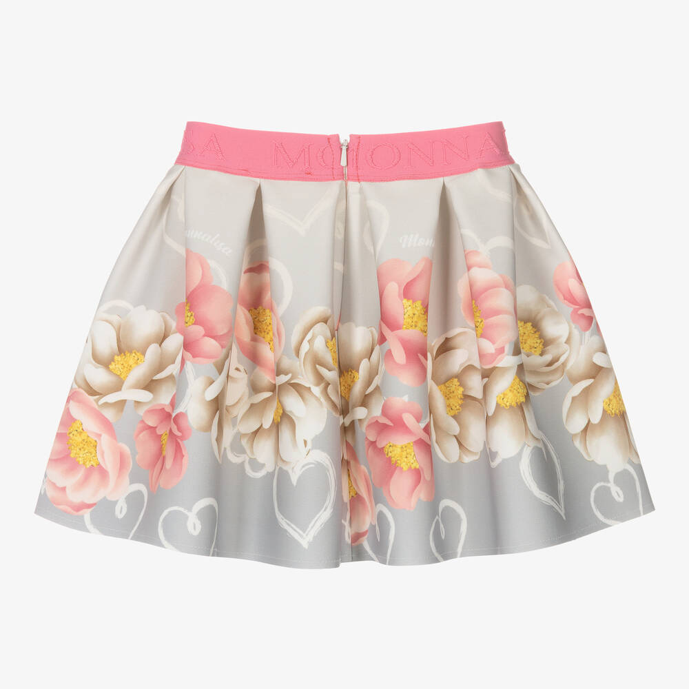 Monnalisa-Серая юбка из неопрена с розовыми цветами | Childrensalon Outlet