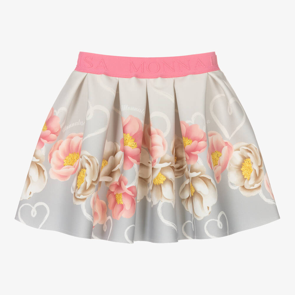 Monnalisa - Girls Grey & Pink Floral Neoprene Skirt | Childrensalon