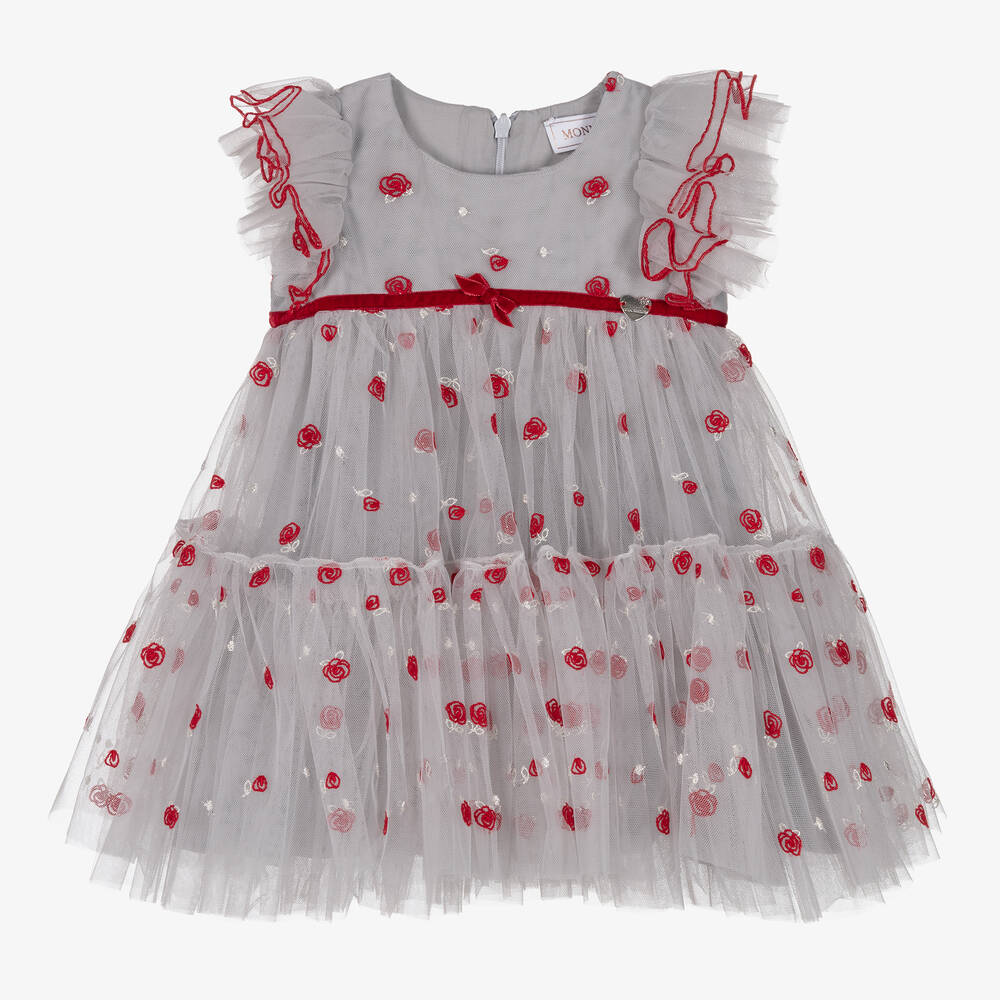 Monnalisa - Girls Grey & Red Rose Tulle Dress | Childrensalon