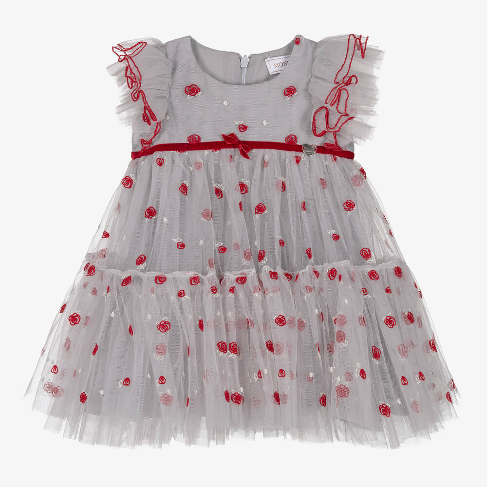 Monnalisa-Серое платье из тюля с красными розами | Childrensalon Outlet
