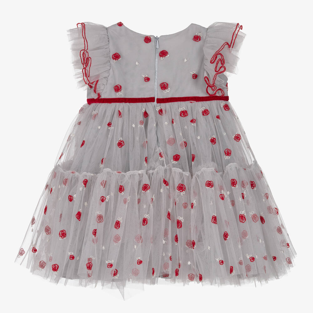 Monnalisa-Серое платье из тюля с красными розами | Childrensalon Outlet