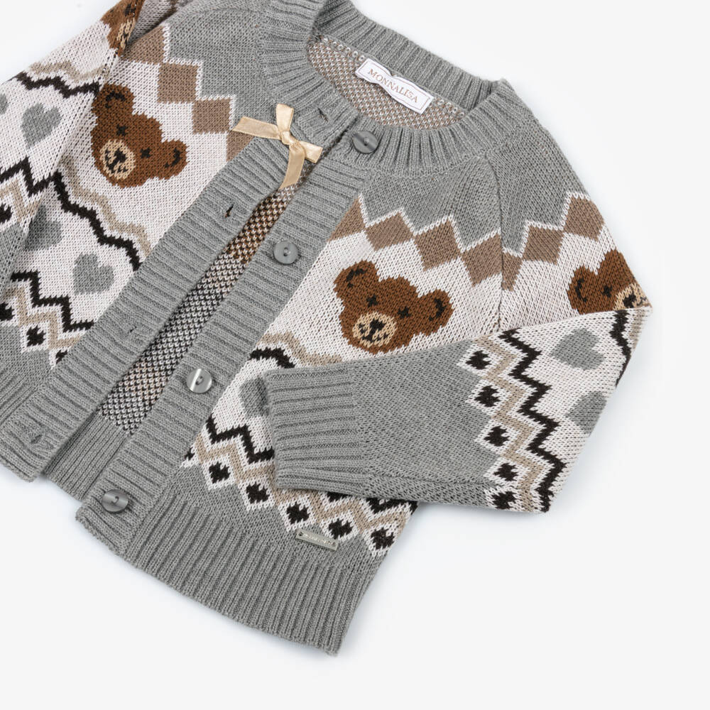 Monnalisa-Girls Grey Teddy Bear Knitted Cardigan | Childrensalon Outlet