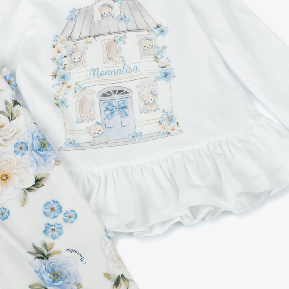 Monnalisa-Girls Ivory and Blue Floral Leggings Set | Childrensalon Outlet