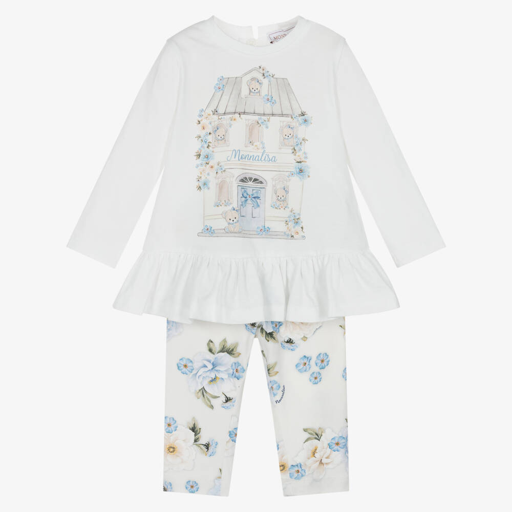 Monnalisa-Girls Ivory and Blue Floral Leggings Set | Childrensalon Outlet