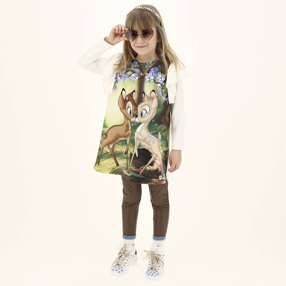 Monnalisa-Платье кремовое с принтом Бэмби для девочек | Childrensalon Outlet
