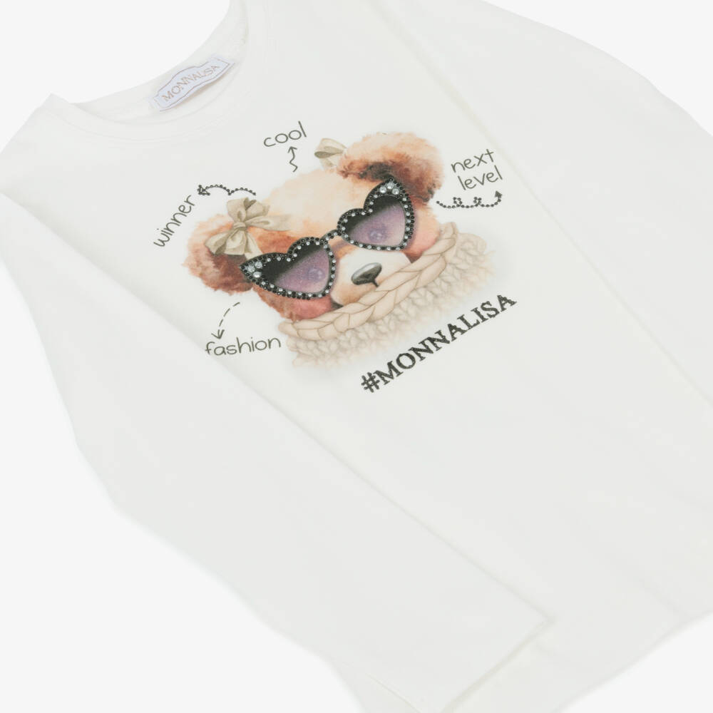 Monnalisa-Кремовая хлопковая футболка с медвежонком для девочек | Childrensalon Outlet