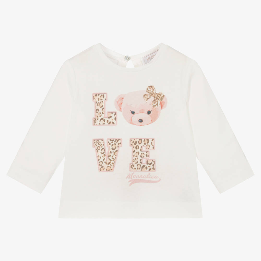 Monnalisa - Girls Ivory Bear Love Top | Childrensalon