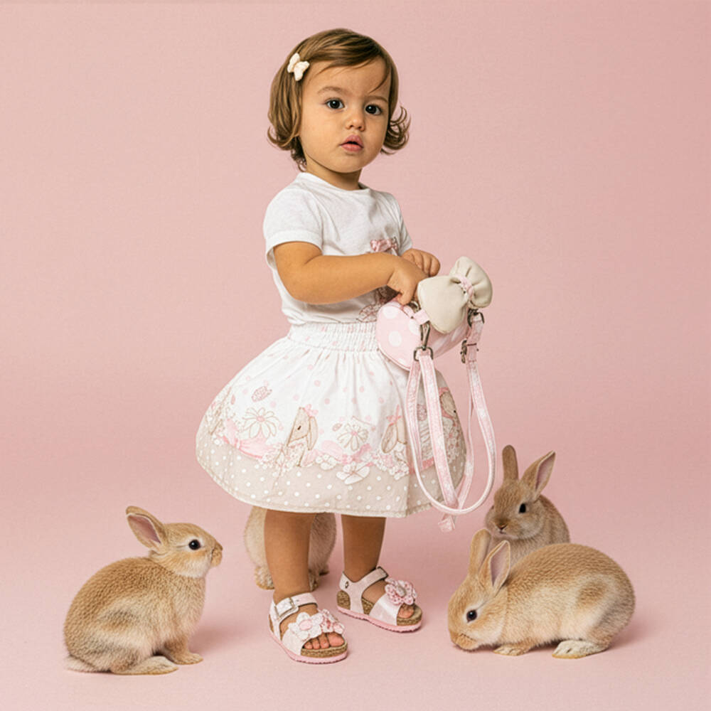 Monnalisa-Girls Ivory & Beige Cotton Bunny Print Skirt | Childrensalon Outlet