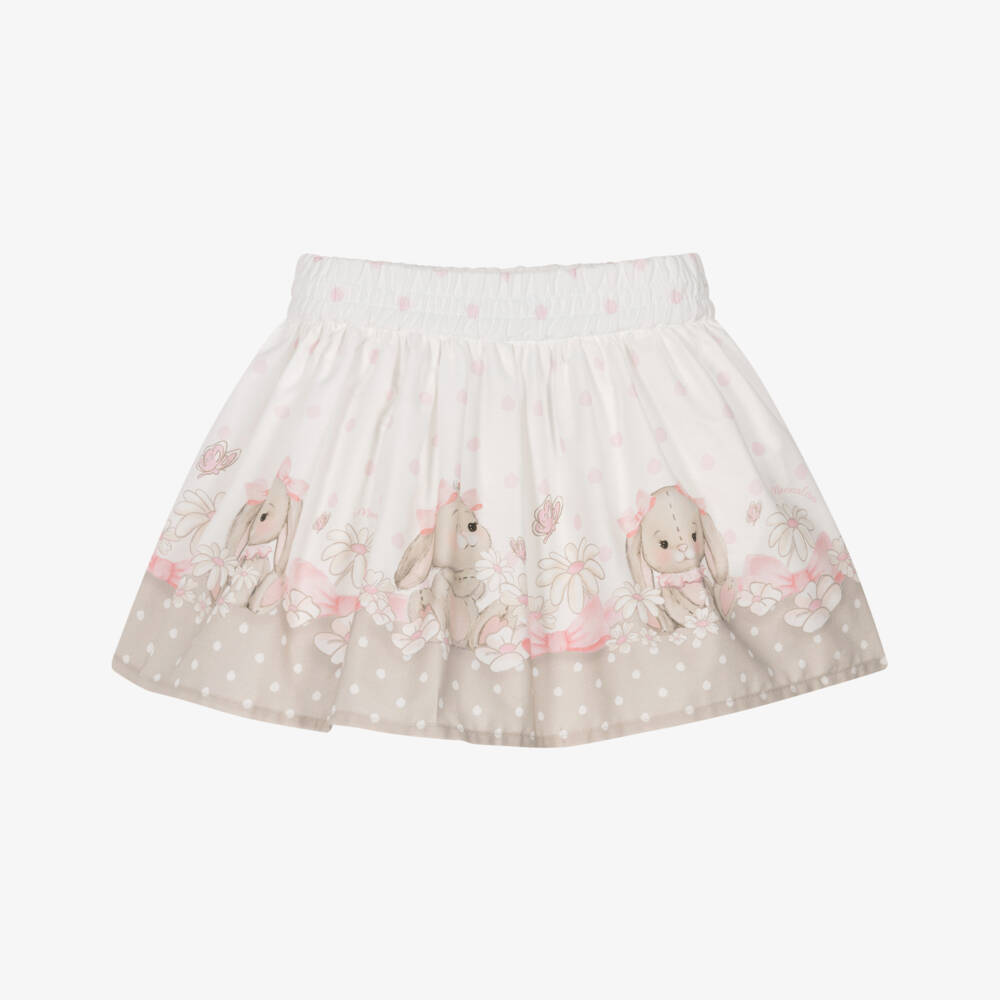 Monnalisa-Girls Ivory & Beige Cotton Bunny Print Skirt | Childrensalon Outlet