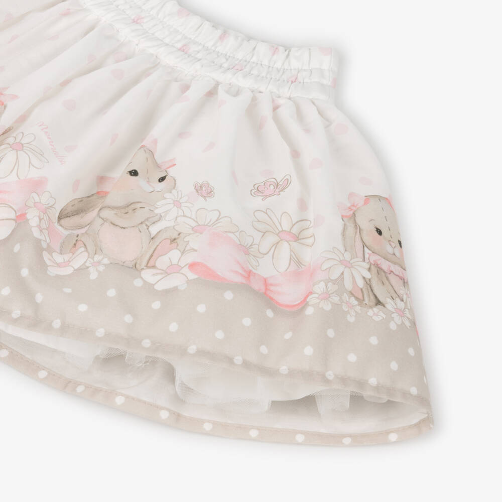 Monnalisa-Girls Ivory & Beige Cotton Bunny Print Skirt | Childrensalon Outlet