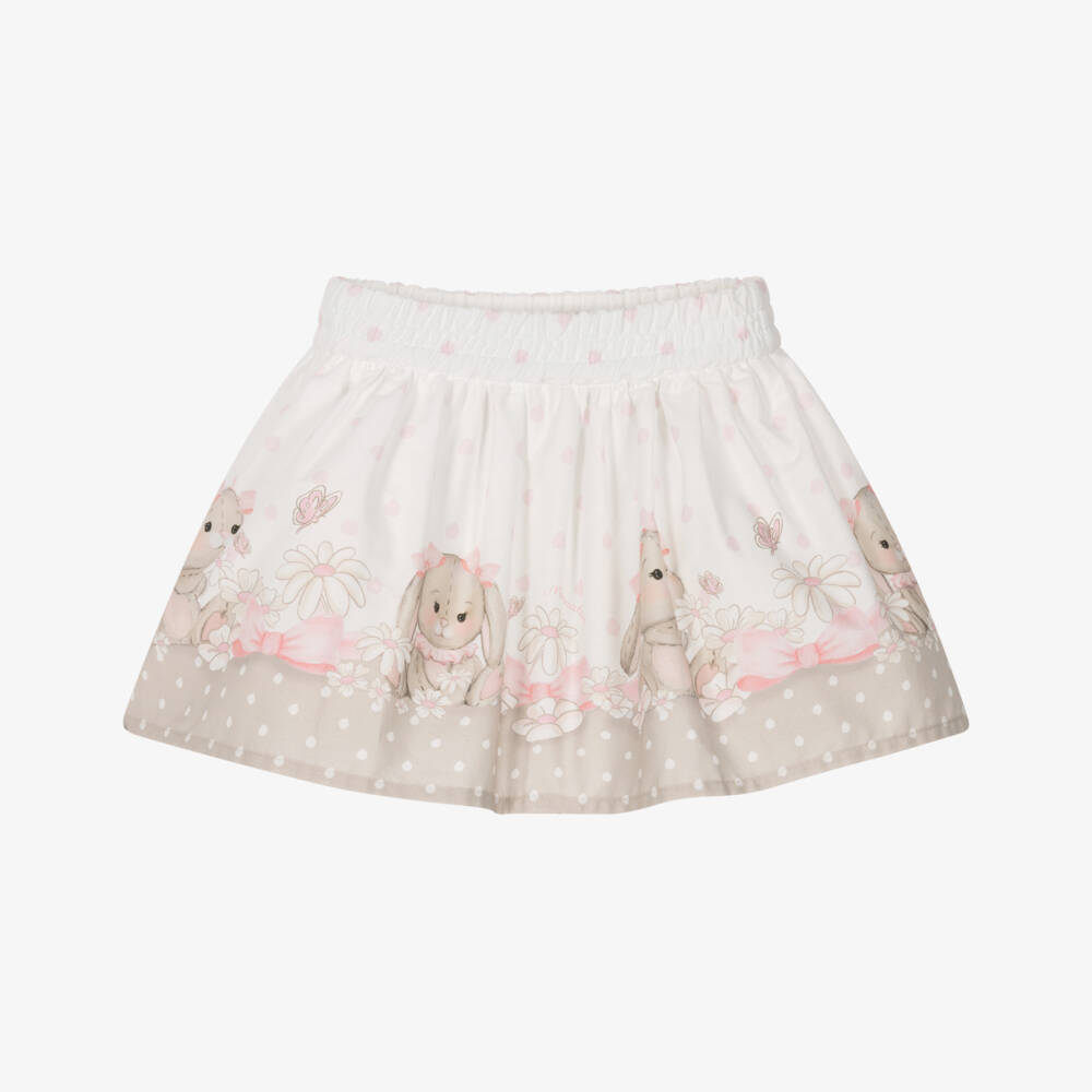 Monnalisa-Girls Ivory & Beige Cotton Bunny Print Skirt | Childrensalon Outlet