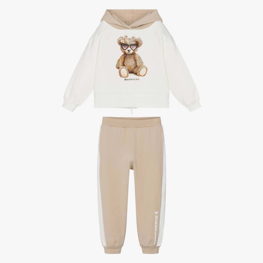 Monnalisa-Girls Ivory & Beige Cotton Tracksuit with Diamanté Bear | Childrensalon Outlet