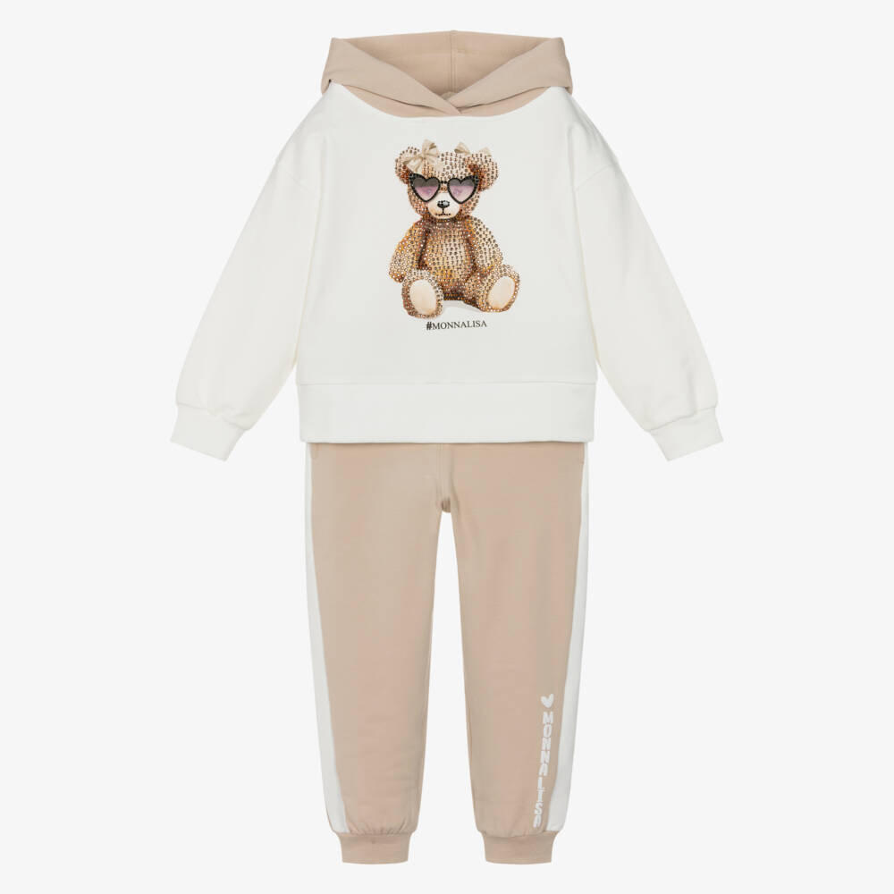 Monnalisa-Girls Ivory & Beige Cotton Tracksuit with DiamantÃ© Bear | Childrensalon Outlet