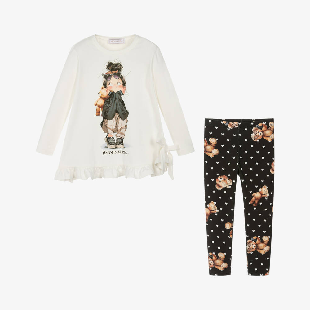 Monnalisa-Girls Ivory & Black Cotton Teddy Print Leggings Set | Childrensalon Outlet
