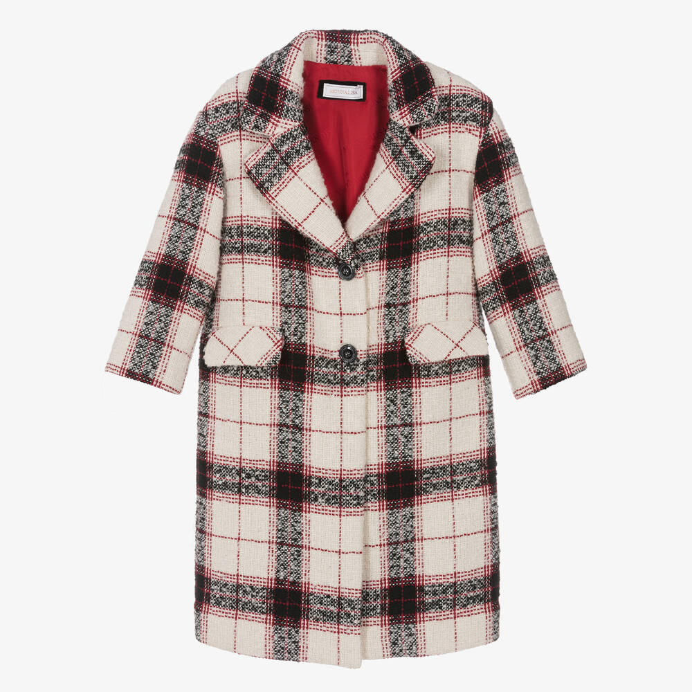 Monnalisa-Girls Ivory, Black & Red Tartan Coat | Childrensalon Outlet