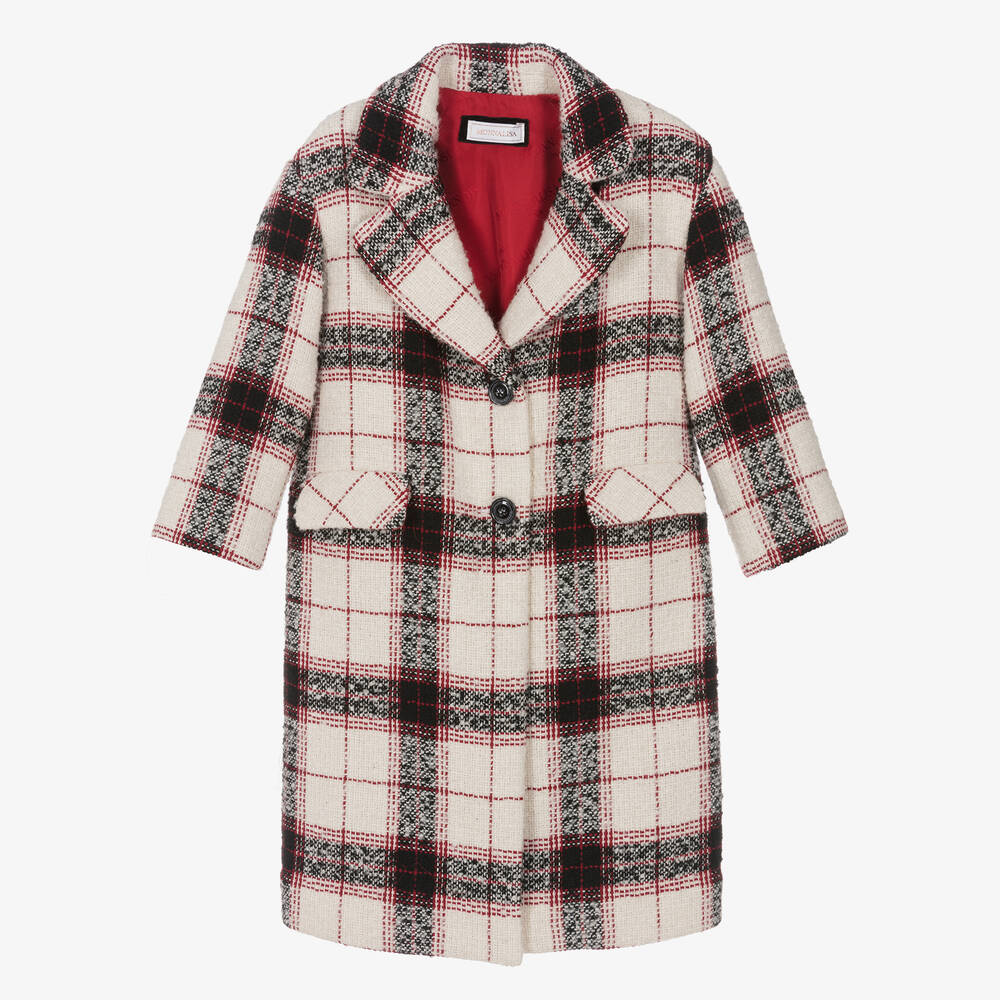 Monnalisa - Manteau tartan ivoire, noir, rouge | Childrensalon