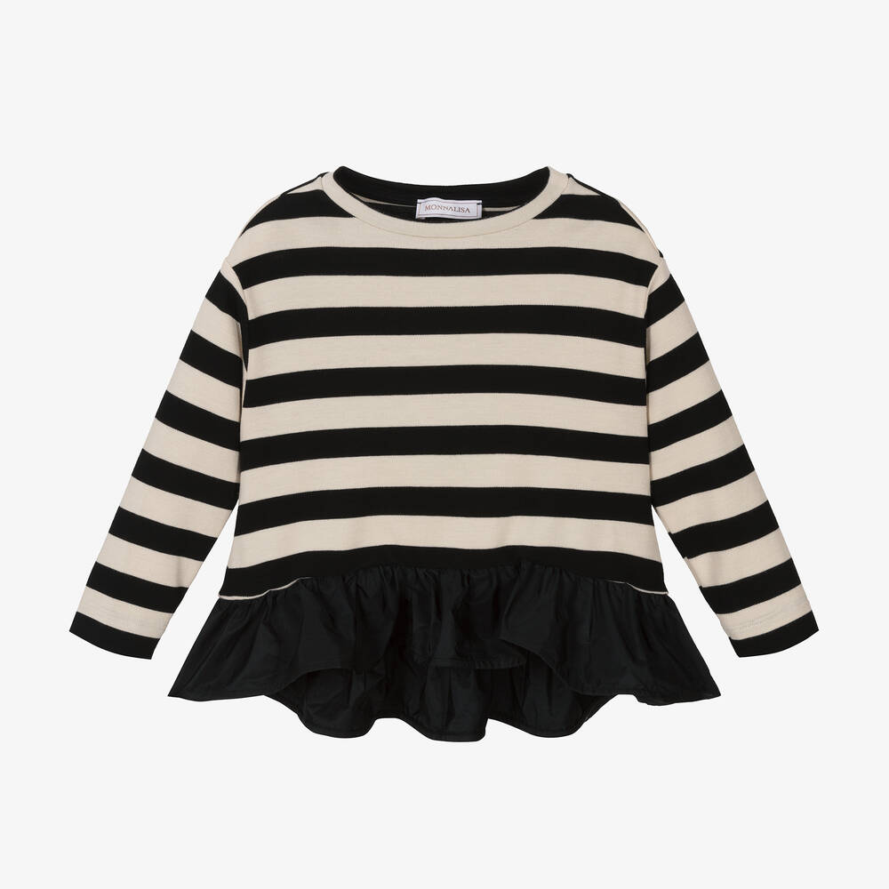 Monnalisa - Girls Ivory & Black Striped Peplum Top  | Childrensalon