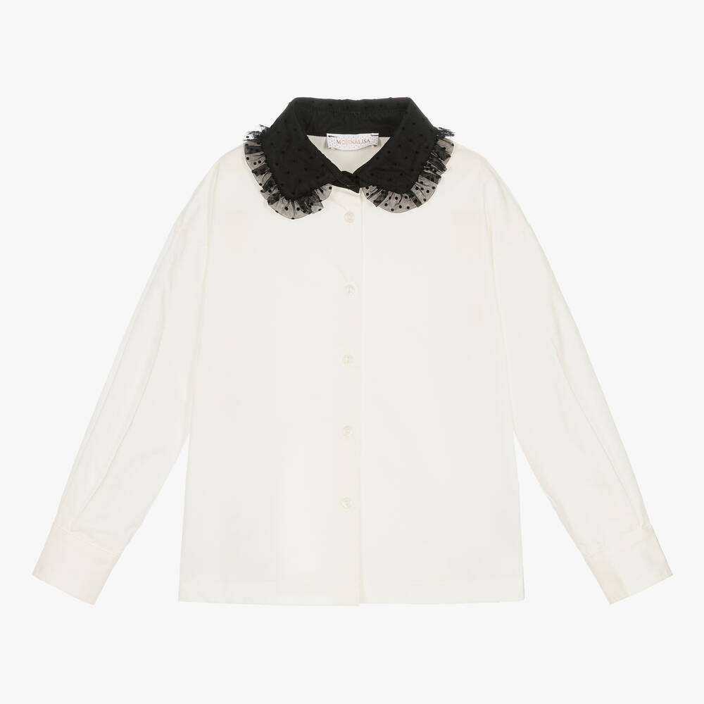 Monnalisa Chic - Кремовая блузка из тюля с черным воротником | Childrensalon