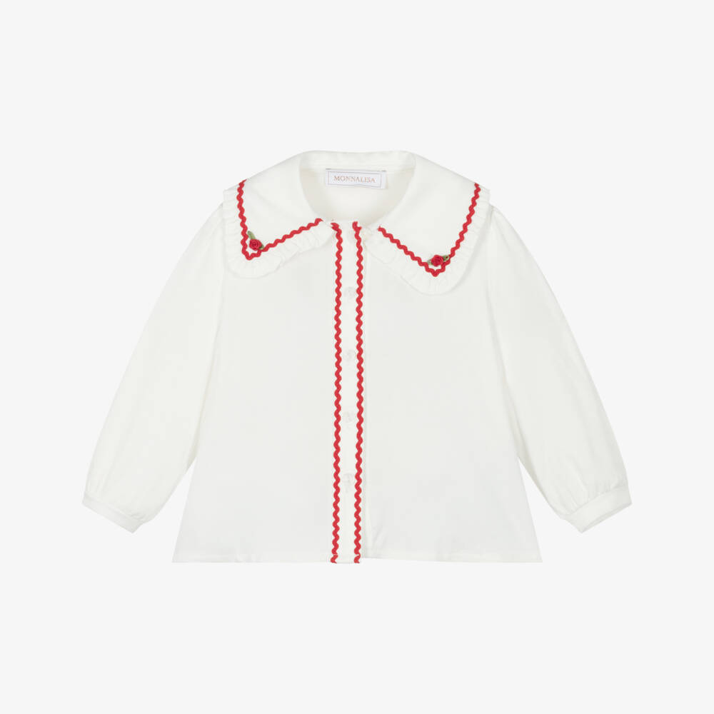 Monnalisa-Кремовая блузка с красной отделкой для девочек | Childrensalon Outlet