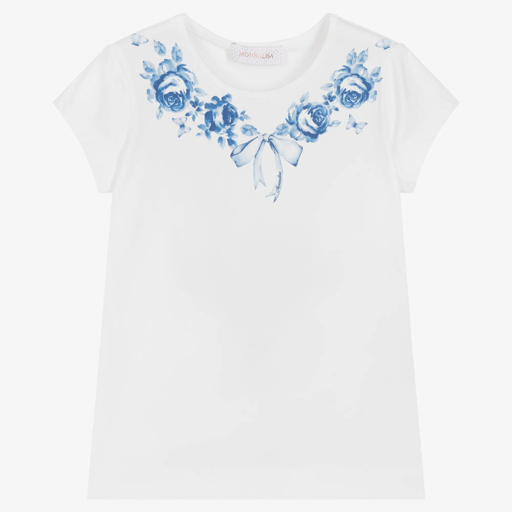 Monnalisa Chic - Girls Ivory & Blue Cotton Floral T-Shirt | Childrensalon