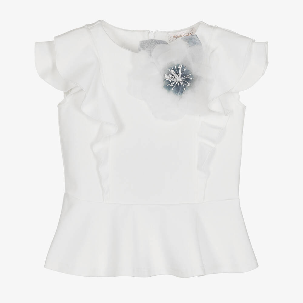 Monnalisa Chic - Girls Ivory & Blue Floral Corsage Blouse | Childrensalon