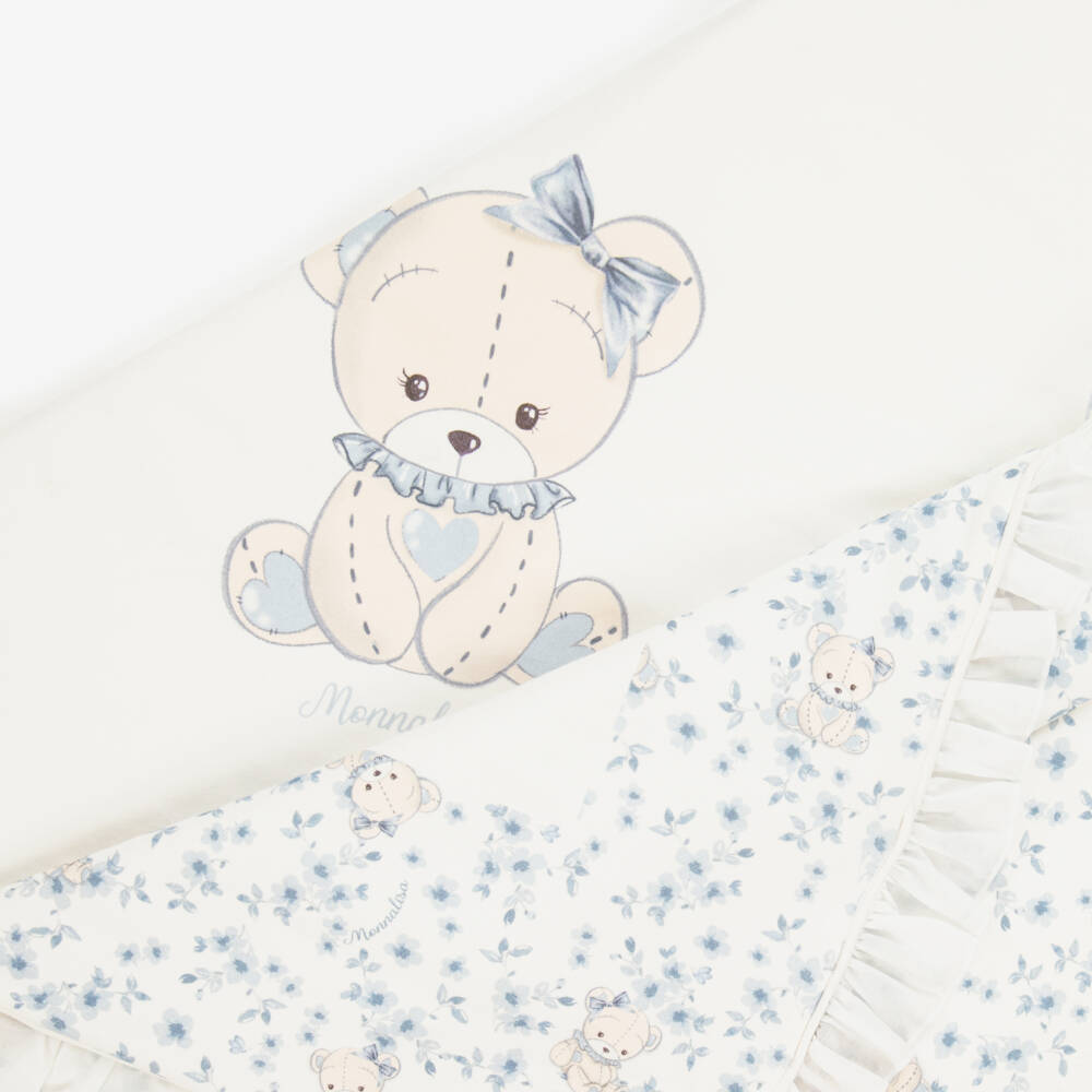 Monnalisa-بطانية قطنية عاجية زرقاء مزينة بالزهور للبنات | Childrensalon Outlet